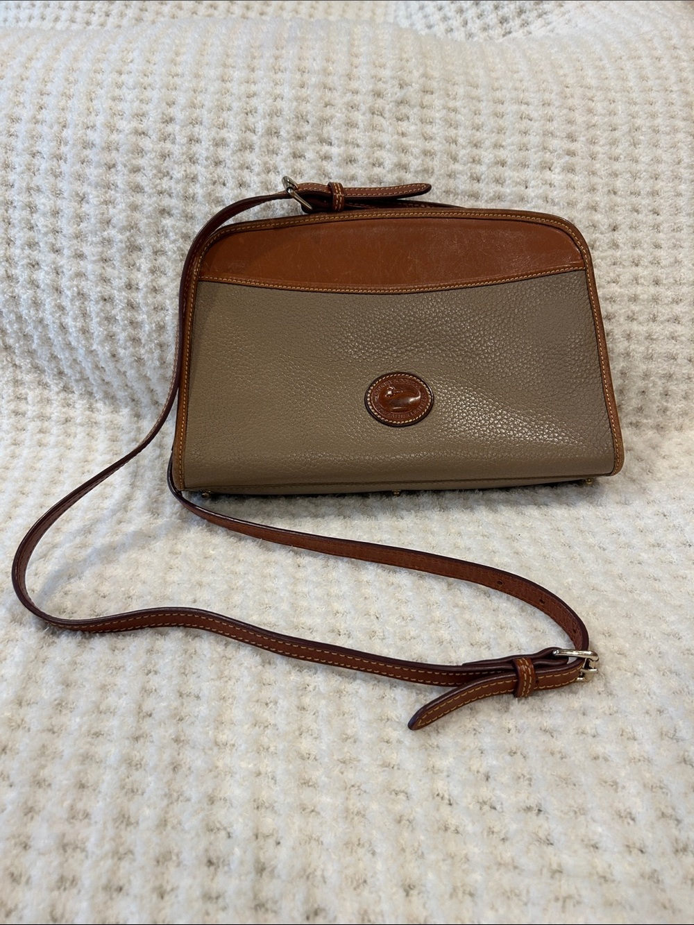 Vintage Dooney & Bourke Two-Tone Taupe and Brown Leather Crossbody Bag